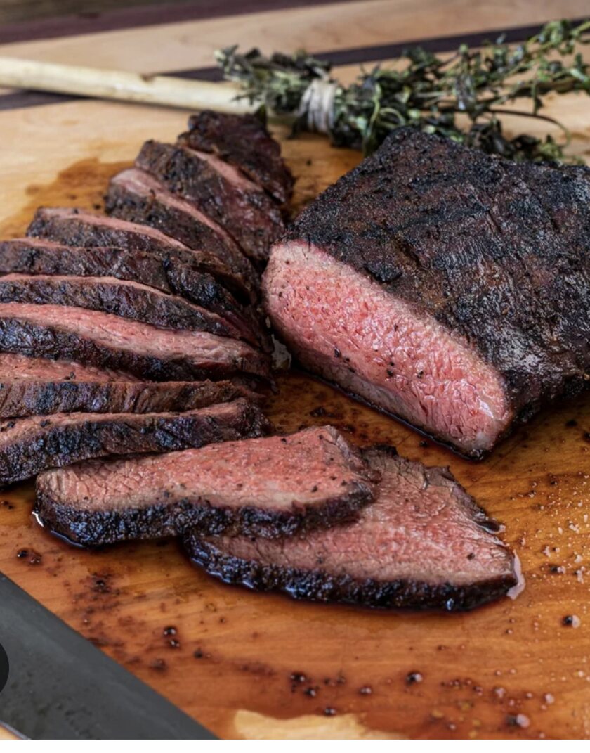 Smoked and seared tri-tip sliced across the grain