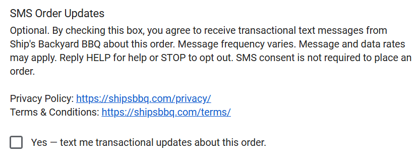 Ship's Backyard BBQ order form SMS Order Updates section showing an optional unchecked consent checkbox, Privacy Policy link, and Terms and Conditions link